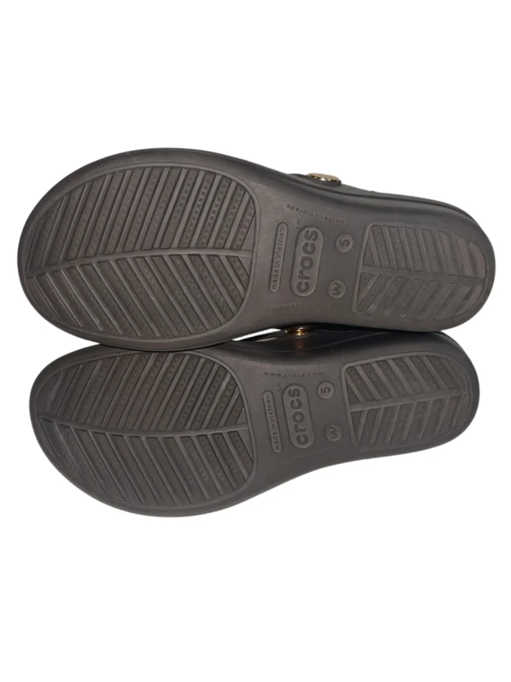 CROCS Sanrah Women Sz 5 Brown Gold Hammered Circle Rings Wedge Sandals Shoes